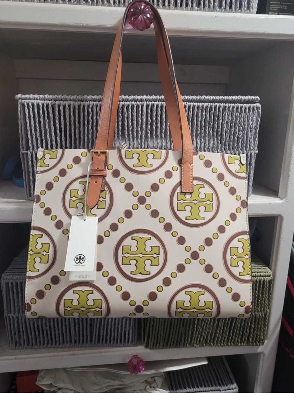 Tory Burch Cream and Lavender Tote with  Logo Medallions and Tan Straps
